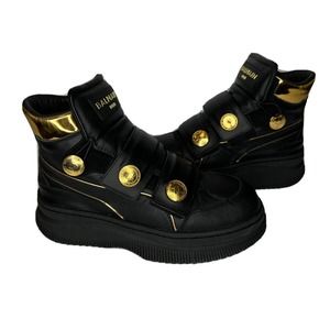 PUMA X BALMAIN DEVA Leather Sneakers Women’s US 6 Branded Buttons Black Gold